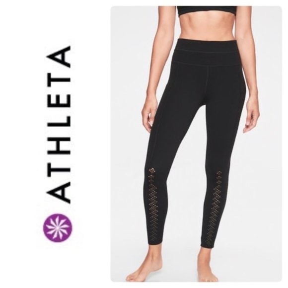 Athleta Black Niyama 7/8 Length Laser Cut Side Pockets Leggings 353777 EUC S - Picture 1 of 12
